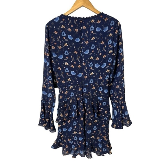 Lulus Bravissima Floral Print Flounce Sleeve Ruffled Dress Navy Blue Size Large - Picture 5 of 9
